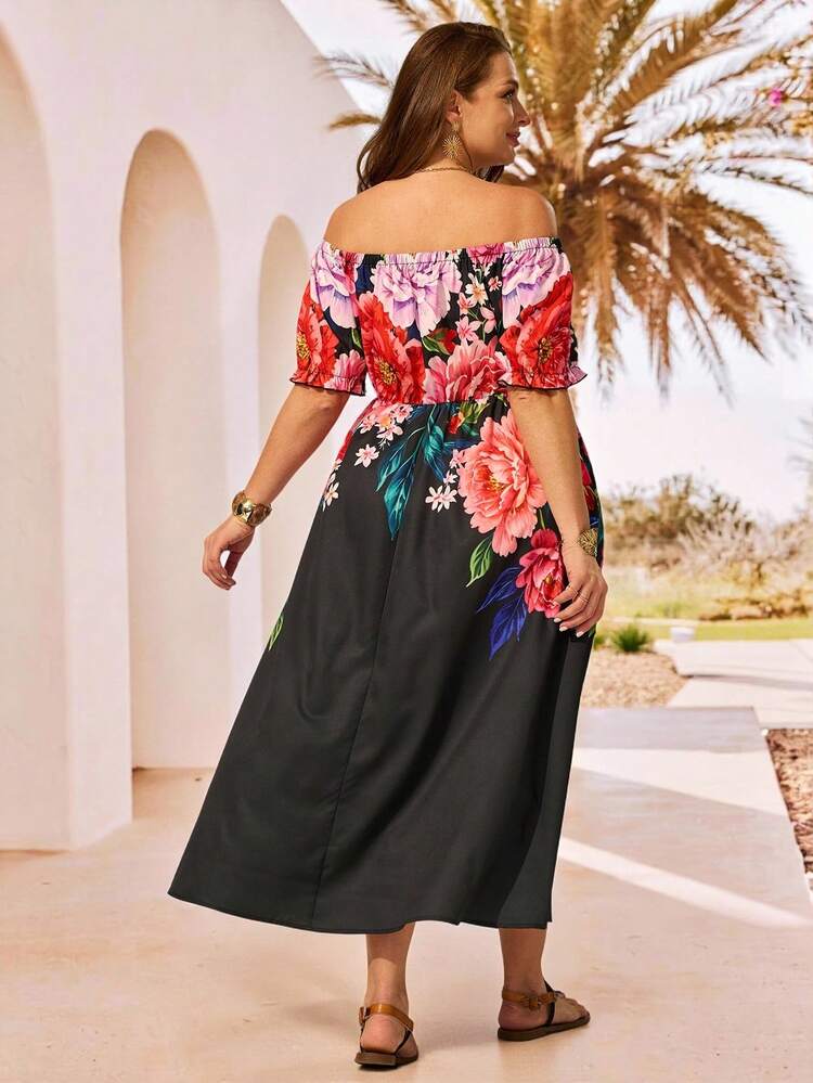Plus Size Women's Summer Beach Vacation Floral Print Off-Shoulder Petal Sleeve Cinched Waist Dress