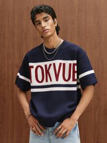 TOKVUE Men's Letter Print Short Sleeve Casual Knit Top - Navy Blue - View 1