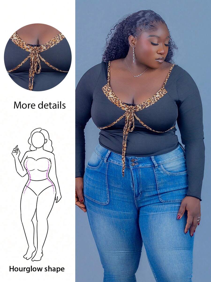 CurvyTilda 豹纹印花撞色心形胸前系带修身长袖性感女式衬衫 - 彩色 - 查看 1