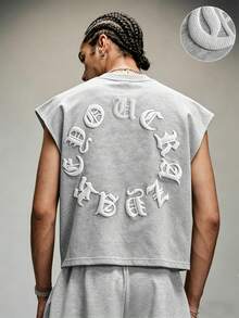 Manfinity Roghcode 男士休閒圓領刺繡字母壓花背心，日常穿著，度假 - 灰色 - 查看 3
