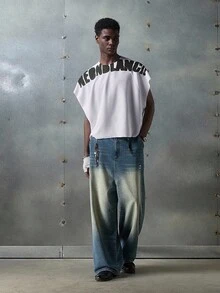 Manfinity RebelGame 男士街头时尚白色针织圆领字母印花针织背心，适合夏季穿着 - 淡紫色 - 查看 3