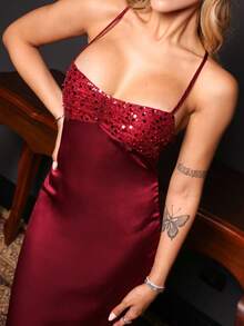 Victoria Miranda Women's Summer Sequin Patchwork Dress, Suitable For Weddings, Graduations,Red Dresses For Women,Christmas Dresses For Women,Dresses For Women Elegant,Valentine's Day,Valentine Outfits For Women Party - Burgundy - View 3