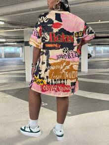 SHEIN CURVE+ Plus Size Women V-Neck Short Sleeve Loose Casual Cowboy Knit Mini Dress, Y2K Style Street Wear, Retro Poster Pattern, Concert Beige Summer - Multicolor - View 2