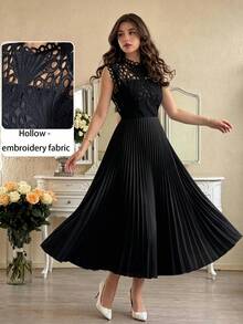 Modelyn Đầm dài nữ dáng chữ A thanh lịch, phối ren rỗng, xếp ly ở gấu váy, họa tiết hoa ngẫu nhiên, thời trang và duyên dáng cho mùa xuân và hè. - màu đen - Xem 4