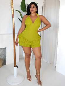 Slaydiva Bộ áo liền quần cỡ lớn dành cho nữ, thích hợp cho lễ hội âm nhạc, màu trơn, chất liệu có họa tiết, với phần gấu áo xếp ly, thắt dây phía trước và thắt lưng. - màu xanh lá - Xem 4