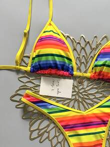 Bộ bikini 2 mảnh Swim MOD, áo bikini tam giác cổ yếm họa tiết sọc cầu vồng & hoa vàng, quần thong cắt cao, đồ bơi gợi cảm cho nữ, xuân/hè - Nhiều màu - Xem 5