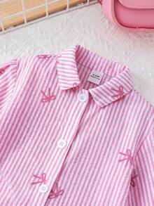 SHEIN LMoss Kids LMoss 女婴时尚可爱条纹长袖衬衫，非常适合度假 - 粉色 - 查看 7