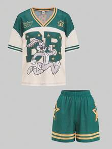 Slaydiva LOONEY TUNES X SHEIN Bộ đồ thể thao nữ mùa xuân/hè 2 món bằng vải jersey in họa tiết - Màu đỏ và xanh dương phối sọc, phong cách hip-hop đường phố Y2K, thích hợp cho kỳ nghỉ trên đảo, trận bóng rổ, đi học, trượt ván, tập gym. - Nhiều màu - Xem 2