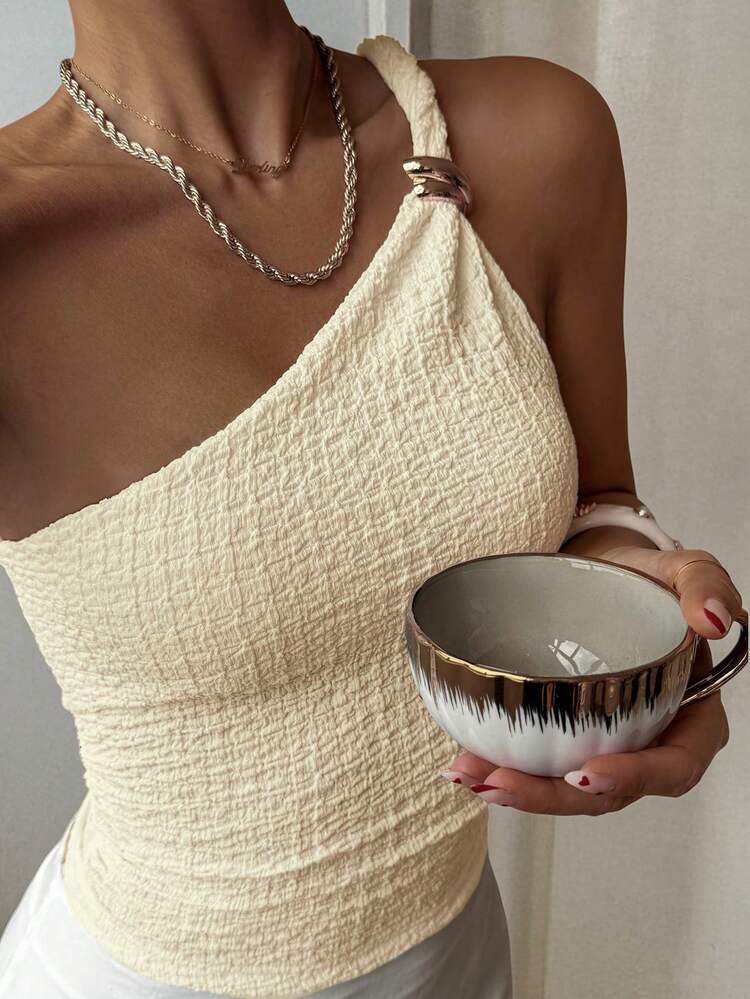 Women's Summer Textured Fabric Open Shoulder Casual Camisole Tank Top, Sexy Street Style