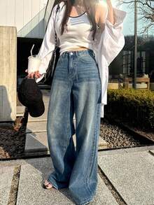 DAZY Celana Jeans Longgar Pinggang Tinggi Model Lurus yang Melangsingkan, Celana Panjang Minimalis Serbaguna Nyaman untuk Wanita - Medium Wash - View 5