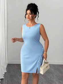 Elenzga Vestido azul elegante y exquisito de talla grande con decoración de lazo para primavera, verano y otoño, ideal para uso diario, vacaciones y ocasiones casuales - Azul - Ver 8
