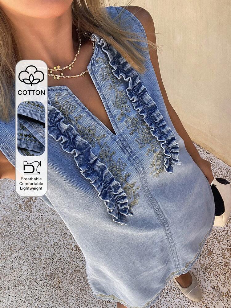 Embroidered Floral Trim Sleeveless Round Neck Short Casual Denim Dress For Women, Summer Holiday Sun Dresses For Women
