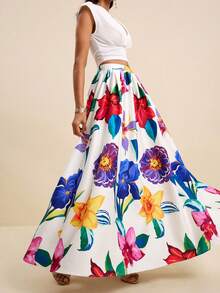 LOTSLUV Women's Loose Flared Skirt With Large Floral Print On White Flower Background, Suitable For Spring/Summer Vacation, Long Skirt Beach Conservative - White - View 3