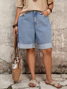 EMERY ROSE Mature Denim Quần short denim dáng rộng, thoải mái, cỡ lớn, thích hợp cho mùa hè. - Màu xanh lam - Xem 5