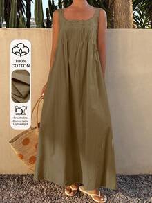 Livesso Đầm midi cotton dáng rộng không tay thanh lịch dành cho nữ, thích hợp dự tiệc, lễ Phục sinh, kỳ nghỉ hè và du lịch. - màu nâu - Xem 1