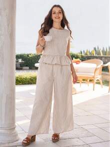 Rosumi Plus Size Women's 2pc Set,White Striped Ruffle Sleeveless Tank Top And Wide Leg Pants,Summer Vacation Holiday Boho Outfit,Casual Everyday Set - Khaki - View 7