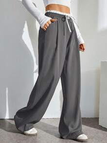 SHEIN Tall 女款休閒百搭寬鬆長褲，適合高個女性 - 灰色 - 查看 3