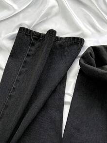 SHEIN Quần jeans ống rộng dáng suông thoải mái dành cho bé gái tuổi teen, có dây buộc eo. - màu đen - Xem 7