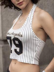 Xuxu's by Gio Damen gestreiftes Tanktop mit Buchstaben-Grafik im Streetstyle, Racerback, lässig - Schwarz und Weiss - Übersicht 3
