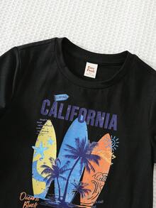 Cozy Pixies 2pcs Young Boy Coconut Tree Pattern Knit Soft Round Neck Short Sleeve T-Shirt And Elastic Waist Shorts Set - Multicolor - View 4