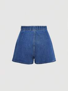 SHEIN Tall CURVE 大码女式纽扣腰蓝色牛仔短裙 - 中等水洗藍 - 查看 3
