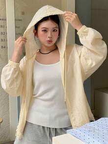 Dazy Plus Hooded Long Sleeve Loose Textured Fabric Lace Patchwork Casual Vacation Style Regular Jacket, Plus Size Women, Spring/Summer - Apricot - View 7