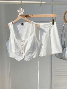 Comfortcana Bộ đồ 2 món màu trắng 100% cotton, áo croptop không tay, thích hợp cho mùa đông, lễ Phục sinh, tiệc tùng, đi biển, đám cưới, lễ tốt nghiệp, thanh lịch, thường ngày, kỳ nghỉ, thể thao, trang trọng, phong cách Y2K, công sở. Được trang trí bằng sequin, tua rua, bèo nhún, hoa và họa tiết. - trắng - Xem 3