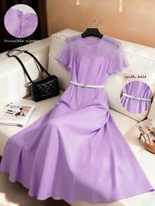 Qadelle Đầm nữ màu trơn cổ tròn eo dáng chữ A chất liệu chiffon phối họa tiết tay loe, thanh lịch, thích hợp đi nghỉ mát, đi làm, dự tiệc, ngày Valentine, phong cách Pháp cổ điển, đa năng, dự tiệc đầu xuân/hè, tay loe ngắn, màu xanh nhạt, dáng dài ngang gối. - Màu tím - Xem 4