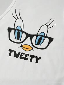 Slaydiva LOONEY TUNES X SHEIN Áo tank top nữ cổ tròn, chất liệu 34% cotton, in hình chim Tweety phong cách retro - Phong cách vintage Y2K dễ thương, thích hợp mặc ở nhà, chơi thể thao, đi sân bay mùa hè/thu/xuân, đi nghỉ mát ven biển, nghỉ xuân, dự đám cưới, du lịch thành phố, du thuyền và các lễ hội âm nhạc phong cách Boho. - trắng - Xem 3