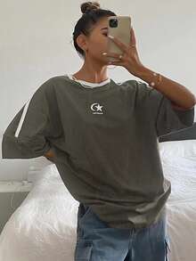 DAZY Casual Basic Contrast Color Round Neck Loose T-Shirt, Autumn Golf White - Olive Green - View 6