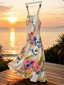 GlowEve Women's New Style Printed Woven Short-Sleeved Mid-Length Dress Elegant Tropical Boho Stylish Summer Beach Vacation Beige - Apricot - View 2