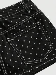 ROMWE Chân váy mini denim cạp siêu thấp họa tiết chấm bi gợi cảm kiểu retro Y2K dành cho nữ, thích hợp cho mùa xuân/hè. - màu đen - Xem 4