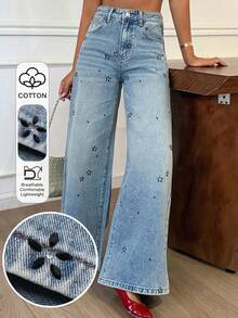 DAZY Women's Regular Waist Rhinestone Embellished Loose Straight Leg Casual Jeans - Medium Wash - View 1