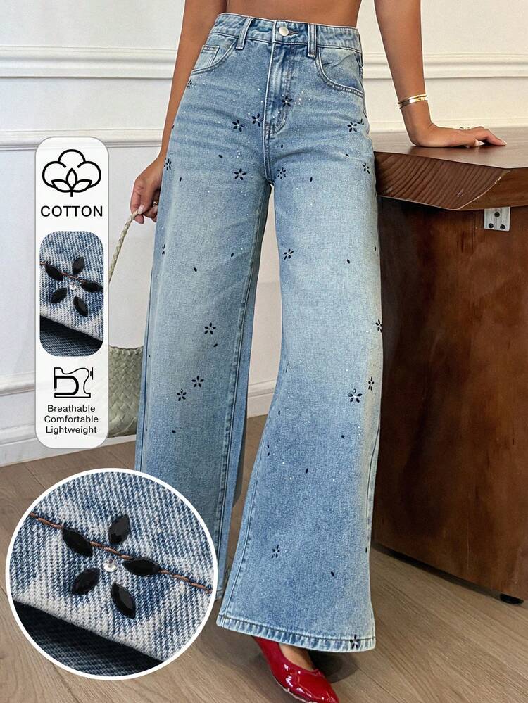 Women's Regular Waist Rhinestone Embellished Loose Straight Leg Casual Jeans