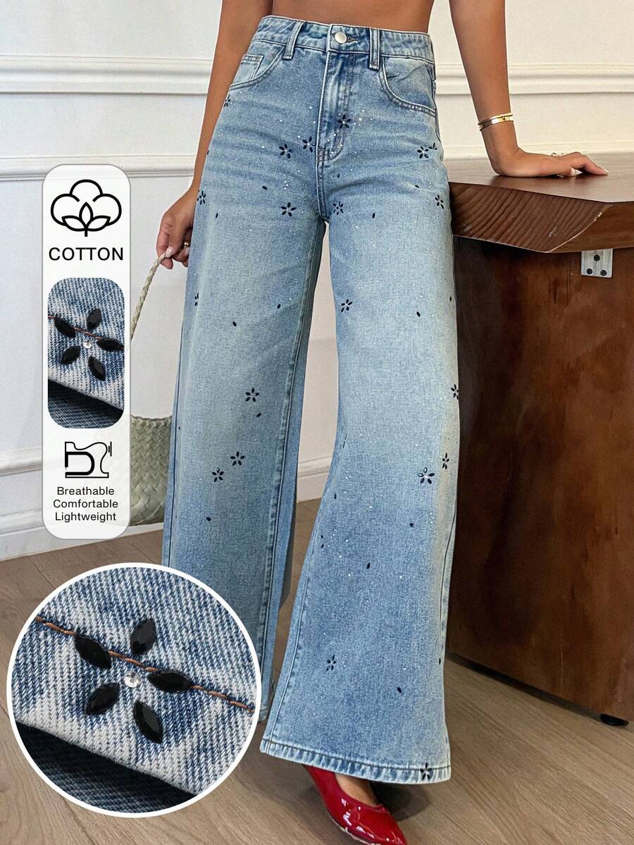 DAZY Women's Regular Waist Rhinestone Embellished Loose Straight Leg Casual Jeans - Medium Wash - View 1
