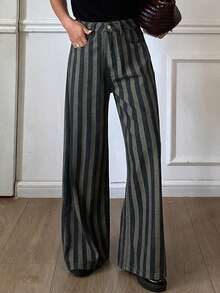 Dazy Tall Jeans casuales rectos y holgados con rayas para mujer - Azul lavado oscuro - Ver 7