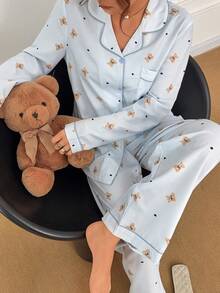 Napfluff Bộ đồ ngủ nữ gồm áo khoác cardigan cổ bẻ in hình gấu hoạt hình dễ thương và bộ đồ ngủ có ve áo. - Xanh da trời - Xem 3