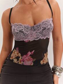 SHEIN BAE Elegantes Damen-Sommer-Camisole mit großem Blumenmuster, Tanktop, Party/Date Urlaub Strand Muster schwarze Blumen Vintage Y2K - Schwarz - Übersicht 3