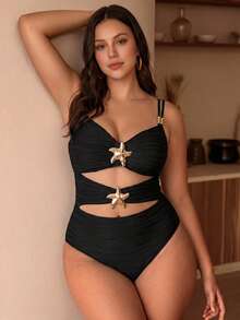 Swim Chiccia 大码女士优雅纯色连体泳衣 - 黑色 - 查看 1