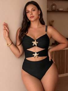 Swim Chiccia 大码女士优雅纯色连体泳衣 - 黑色 - 查看 3
