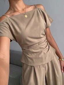 Modelyn Slip Strap Off Shoulder Ruched Waist Casual Trouser Suit Soft Breathable Textured Linen Blend Fabric Minimalist Old Money Casual Chic - Khaki - View 6