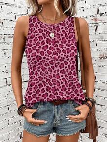 SHEIN LUNE Women's Leopard Print Round Neck Casual Tank Top - Multicolor - View 3