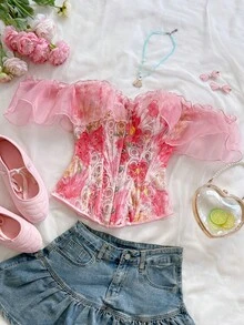 Soleia Áo nữ trễ vai phối lưới thời trang đa năng phong cách thường ngày - Nhiều màu - Xem 3