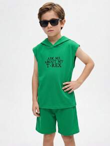SHEIN 2件套男童绿色连帽恐龙印花休闲舒适背心套装 - 綠色 - 查看 5