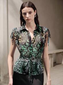 Aveloria Modichic Áo kiểu cổ tàu thắt eo bằng vải chiffon in họa tiết lông công, áo sơ mi chiffon in họa tiết da báo xanh lá cây, áo sơ mi chiffon không tay thắt eo dây rút, áo sơ mi thời trang xuyên thấu, áo kiểu họa tiết hoang dã thắt nơ phía trước, áo sơ mi chiffon mùa xuân/hè, áo dự tiệc hộp đêm, áo kiểu nghỉ dưỡng phong cách hoang dã - Nhiều màu - Xem 3