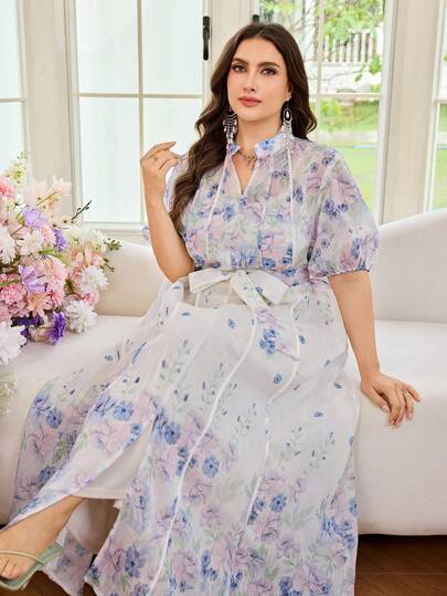 Modelyn 大码女装时尚优雅束腰印花连衣裙套装