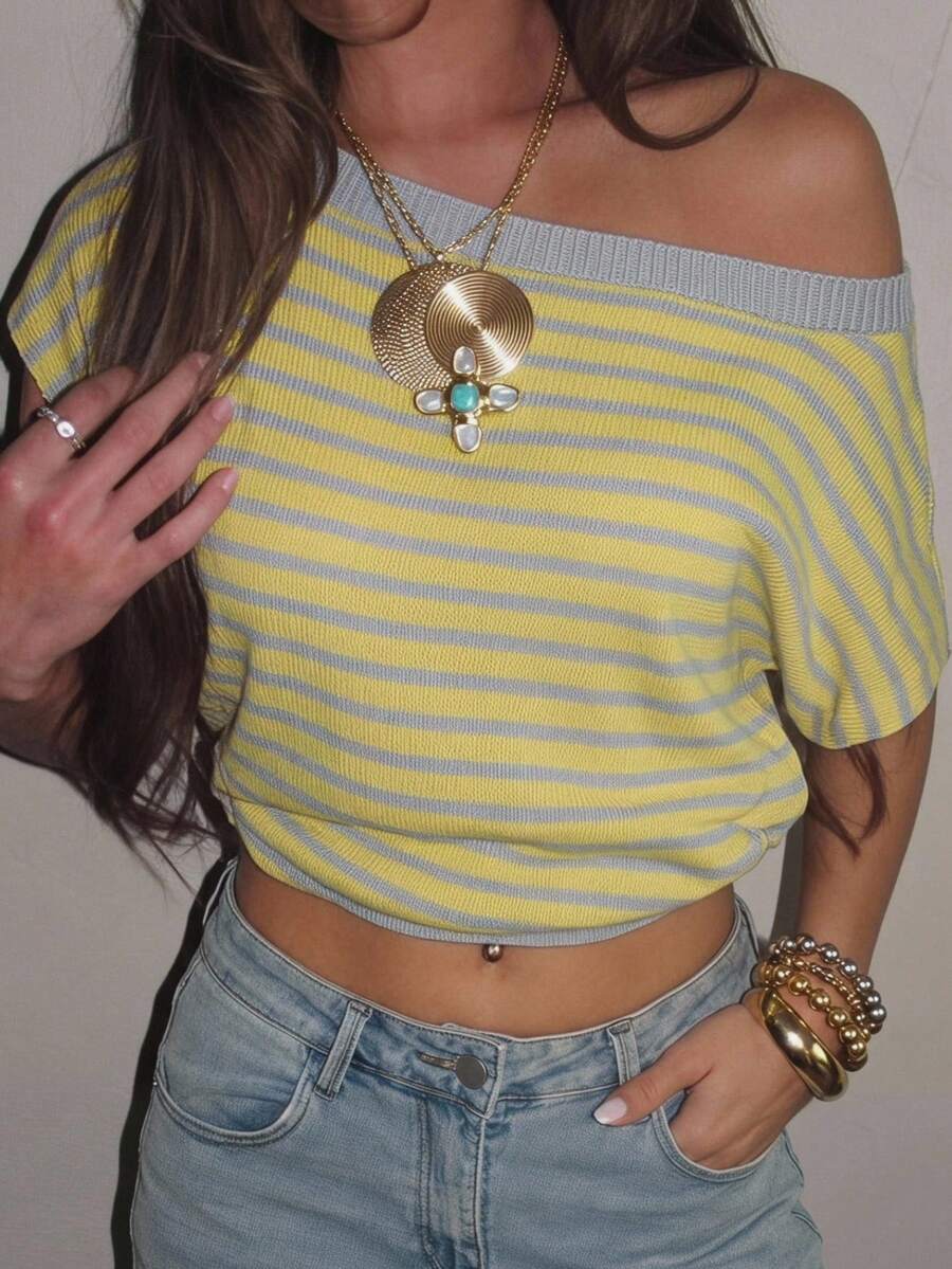 SHEIN EZwear Suéter casual de mujer con cuello asimétrico a rayas - Multicolor - Ver 1