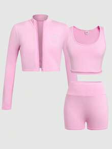 SHEIN Girlism Tween Girl Tween Girls' Casual Everyday Comfortable Fitted Solid Color Butterfly Embroidered Athleisure Set - Pink - View 6