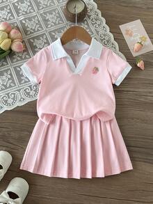 Bộ áo polo tay ngắn in hình dâu tây cho bé gái, thích hợp mặc mùa hè. - Hồng - Xem 3