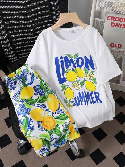2pcs Boys' Personality Slogan & Matching Print Short Sleeve T-Shirt And Shorts Set, Casual Holiday Outfit, Beach Weekend Summer Wear, Elegant Attire, Suitable For Outings, Vacations, Photos, 2026 Spring Summer New Fashion